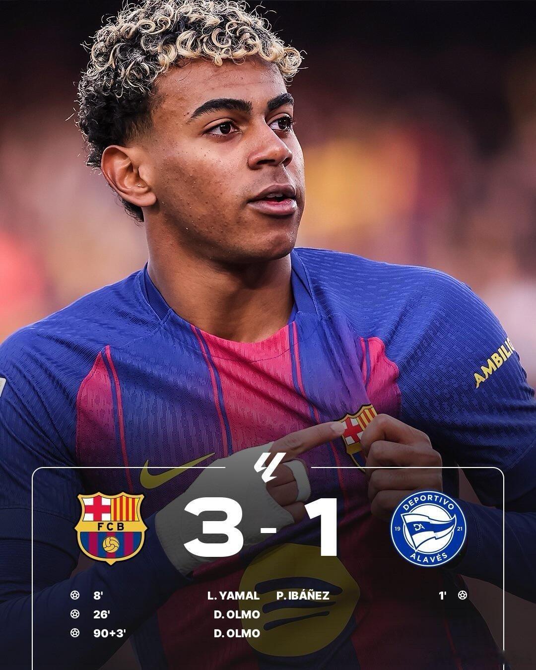 亚马尔传射奥尔默双响巴萨3-1阿拉维斯||北京时间11月29日23:15，西甲第