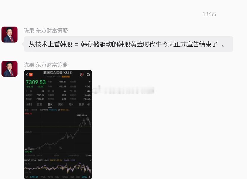 陈果：从技术上看韩股=韩存储驱动的韩股黄金时代牛今天正式宣告结束了a股