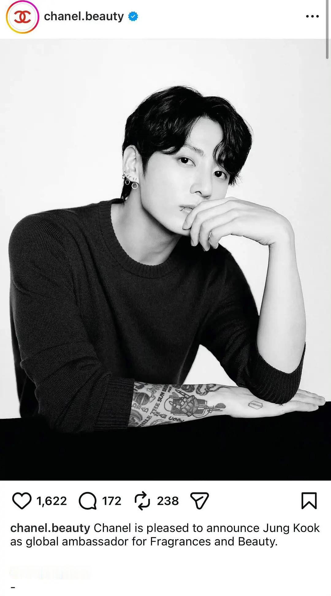 香奈儿INS官宣田柾国成为Chanel香氛与美妆全球大使！田柾国 香奈儿