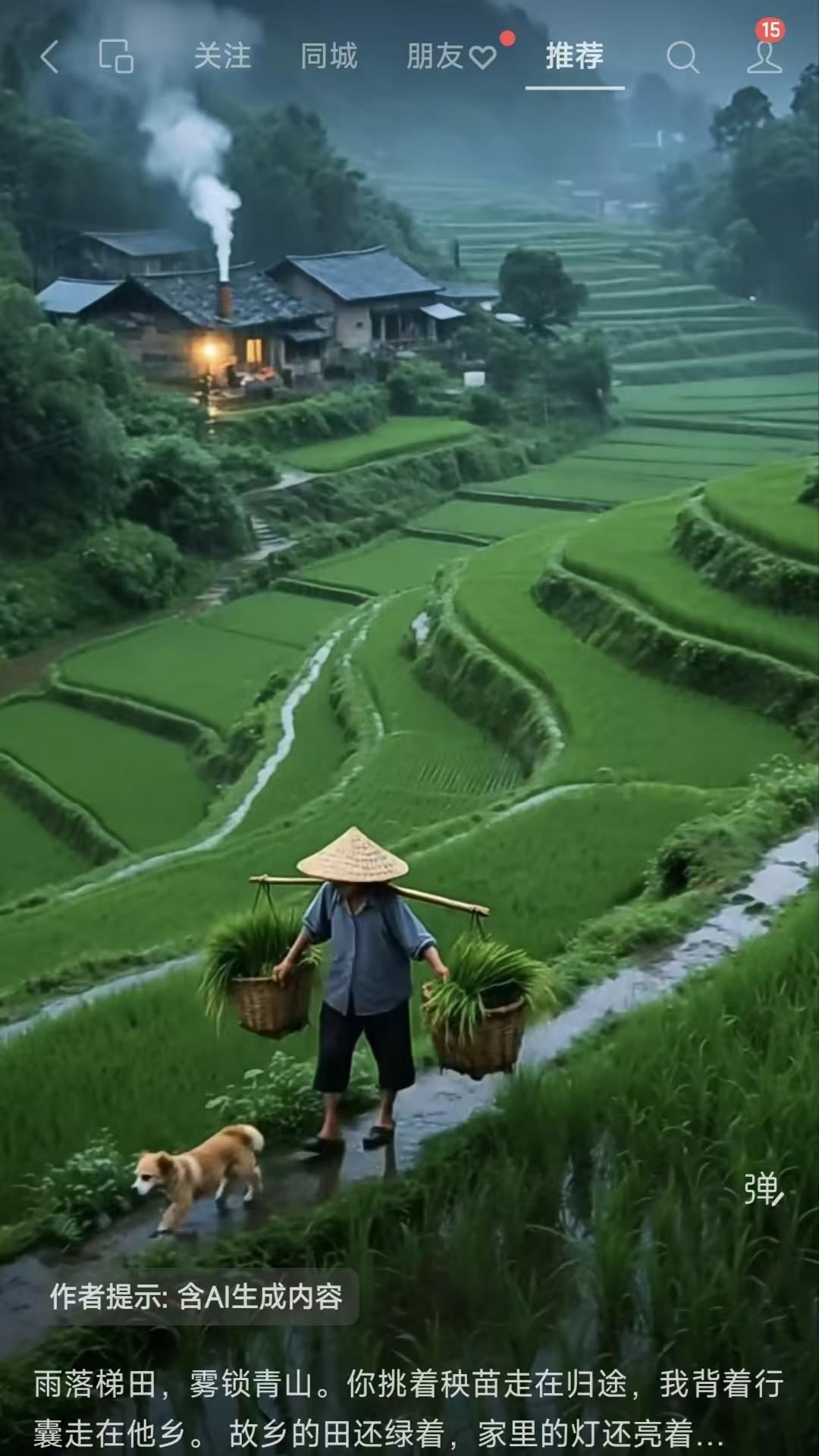 山坡羊·归途感怀
雨铺千叠，
云封孤岭，
翁肩秧苗归途影。
行囊轻，客途行，
故