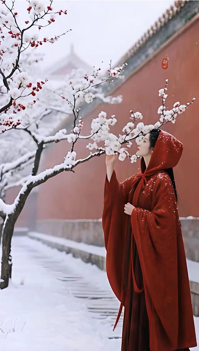 上联：红墙覆雪梅枝俏
下联：琼花飞舞佳人羞