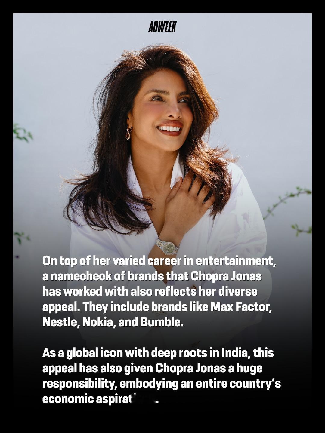 根据行业专业媒体 ADWEEK 六月刊的报道 ，印度演员 Priyanka Ch