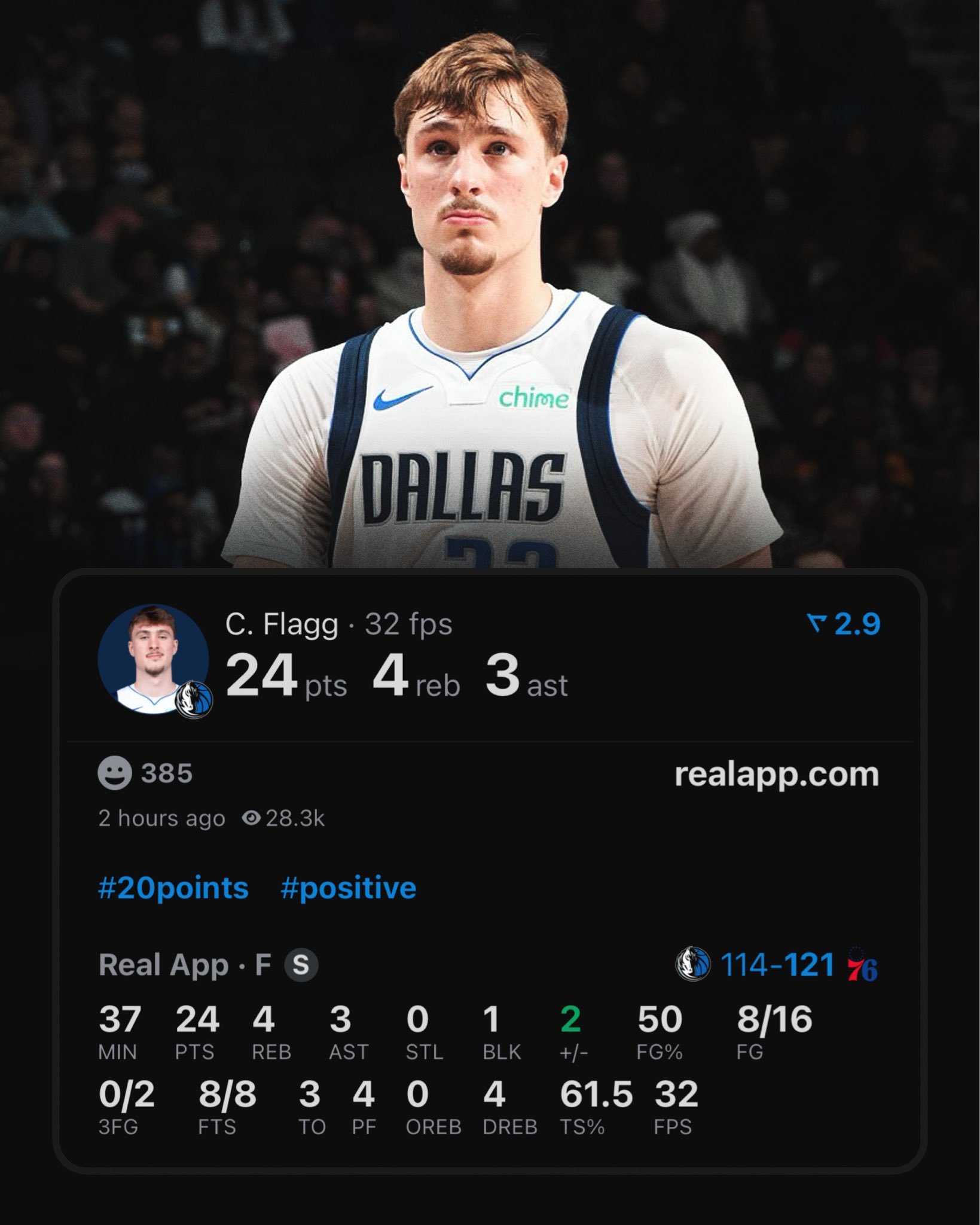 弗拉格18岁的最后一场比赛，24分4篮板3助攻，他以连续4场20+迎来了自己的1