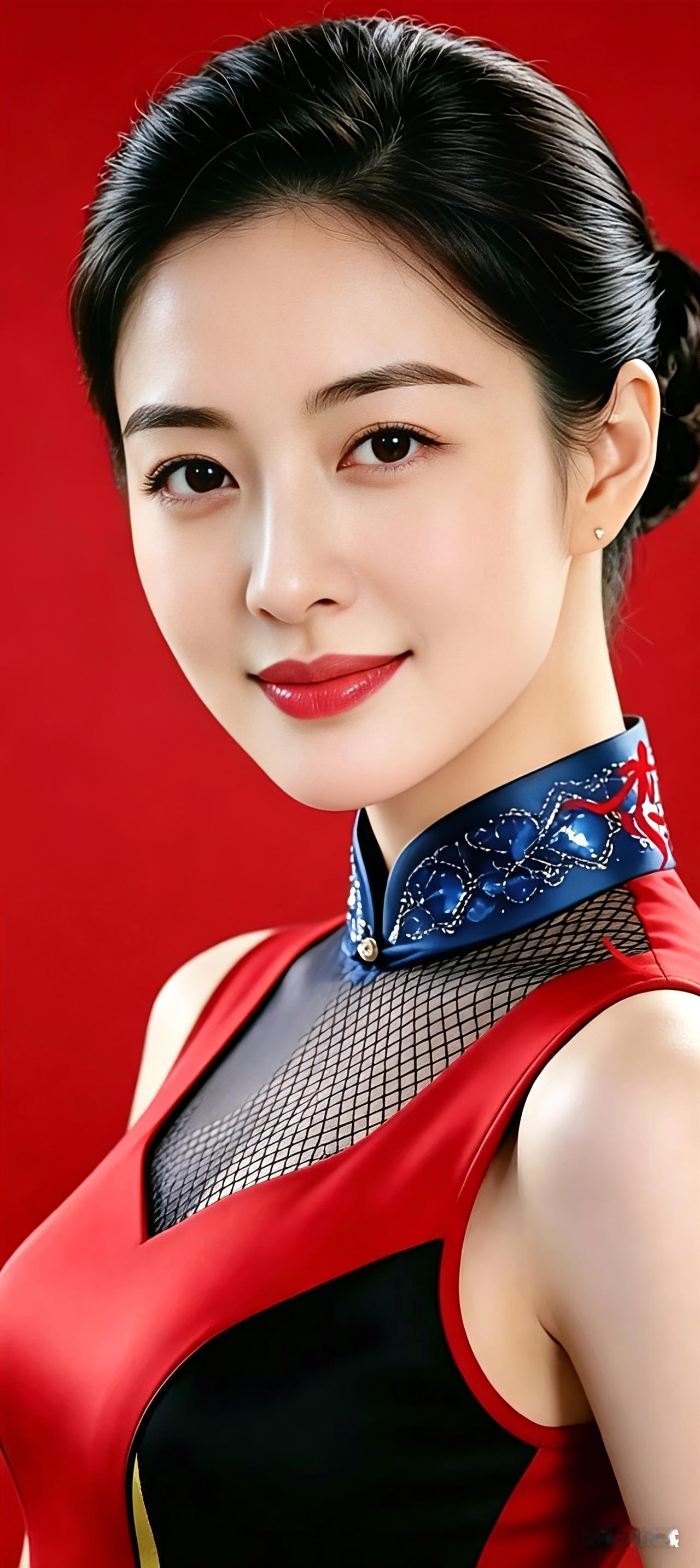 红底衬出俏容颜，
盘发爽利气质娴。
旗袍领口绣蓝花，
浅浅一笑暖人间。
眼藏柔意