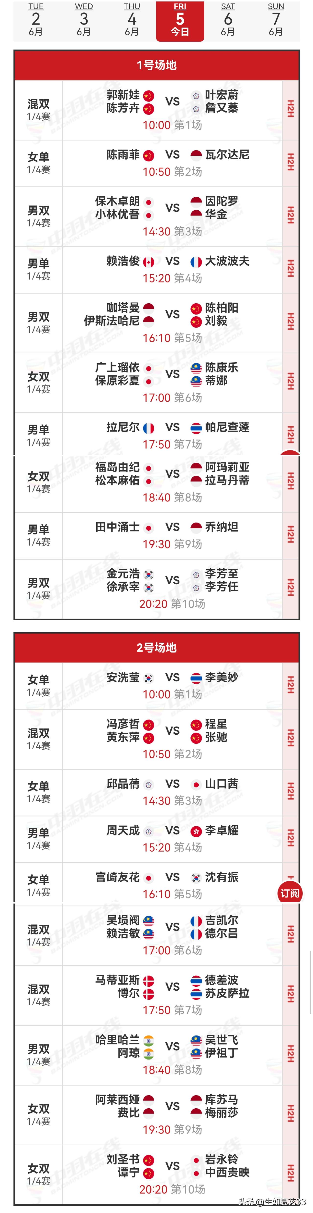 5日赛程2026年印尼羽毛球公开赛 
    2026年印尼公开赛1/4赛于6月