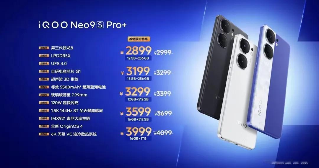 IQOO Neo9S Pro+也出牌了:2899。
吐槽:电池小了点、没有金属中