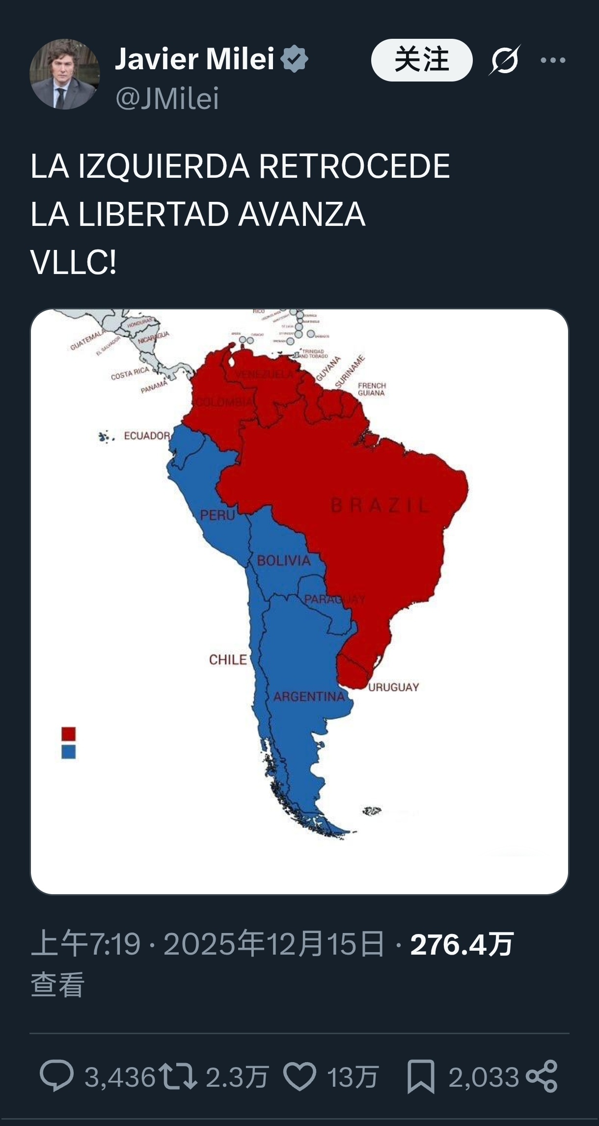 🐖阿根廷极右翼领导人哈维尔·“大骟壬”·米莱声称:“左翼势力退却。“自由”则向