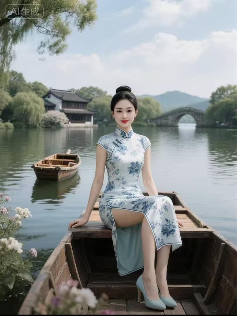 塞鸿秋·船头旗袍美人
青花裁就凌波袂，
云鬟高挽晨光媚。
西湖舟上佳人倚，
眉梢