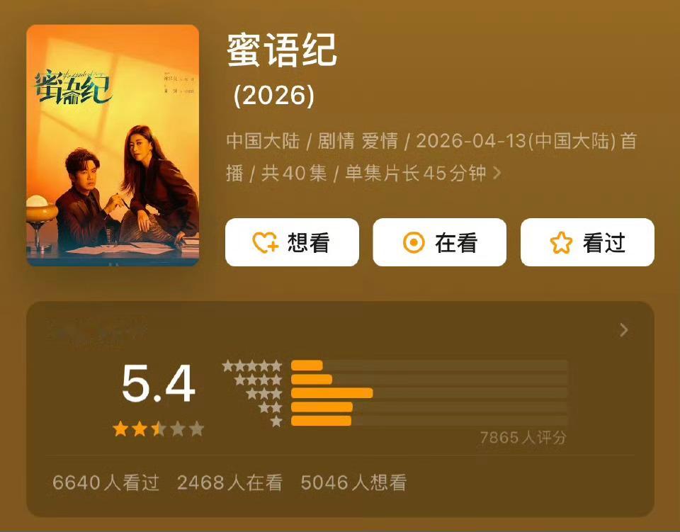 钟汉良朱珠的《蜜语纪》开出 5.4 分，高了还是低了？