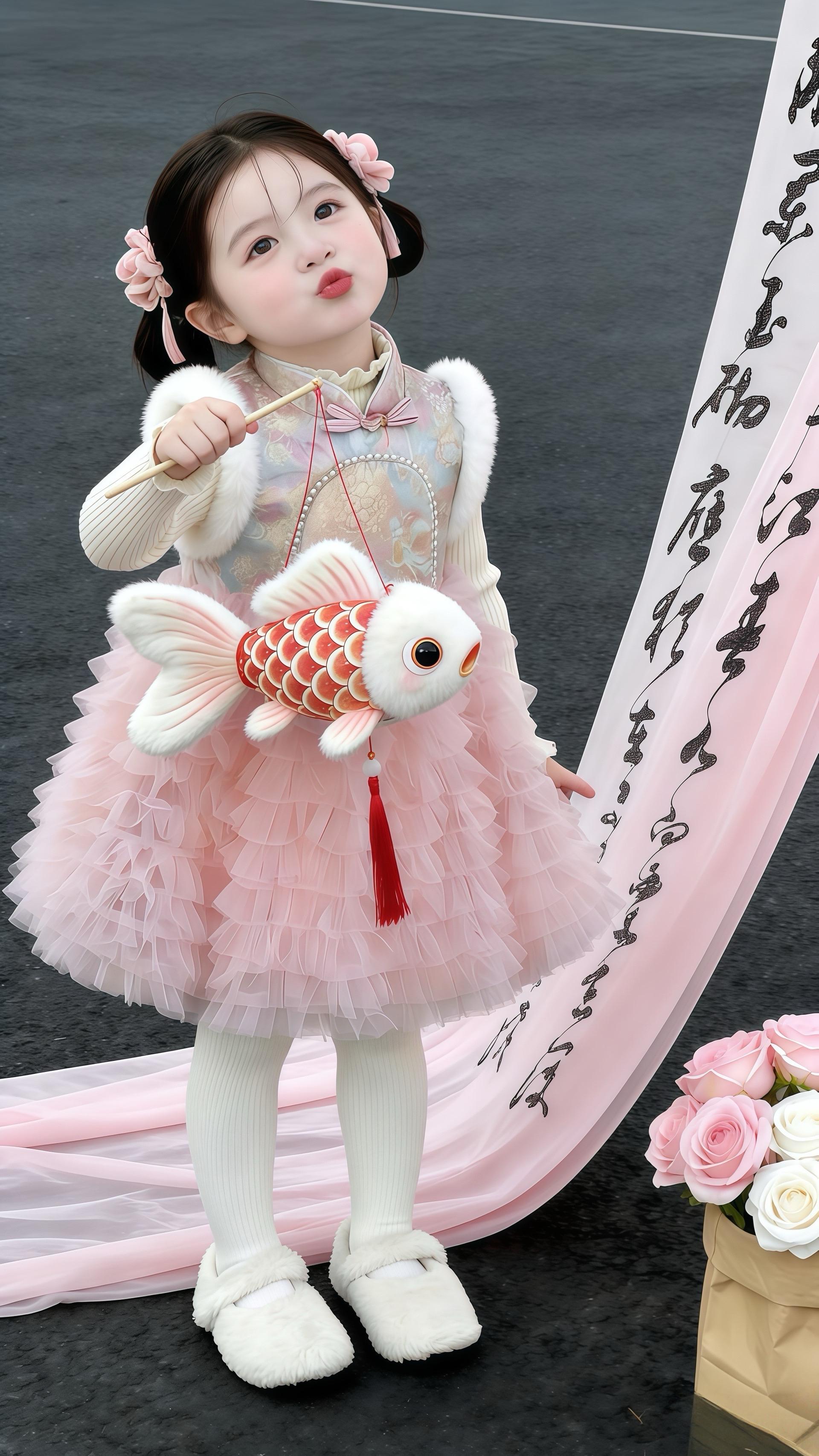 萌娃新年中式穿搭天花板！粉色蓬蓬裙拼接国风马甲，精致的刺绣花纹搭配软乎...