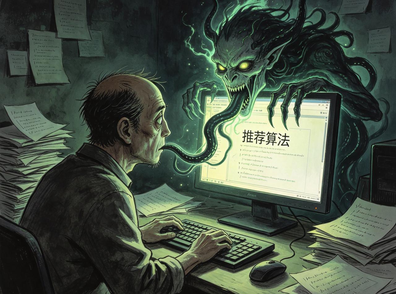 江湖怪谈•荒诞志165算法精

程序员老李设计推荐算法，欲困住用户。那算法竟修成