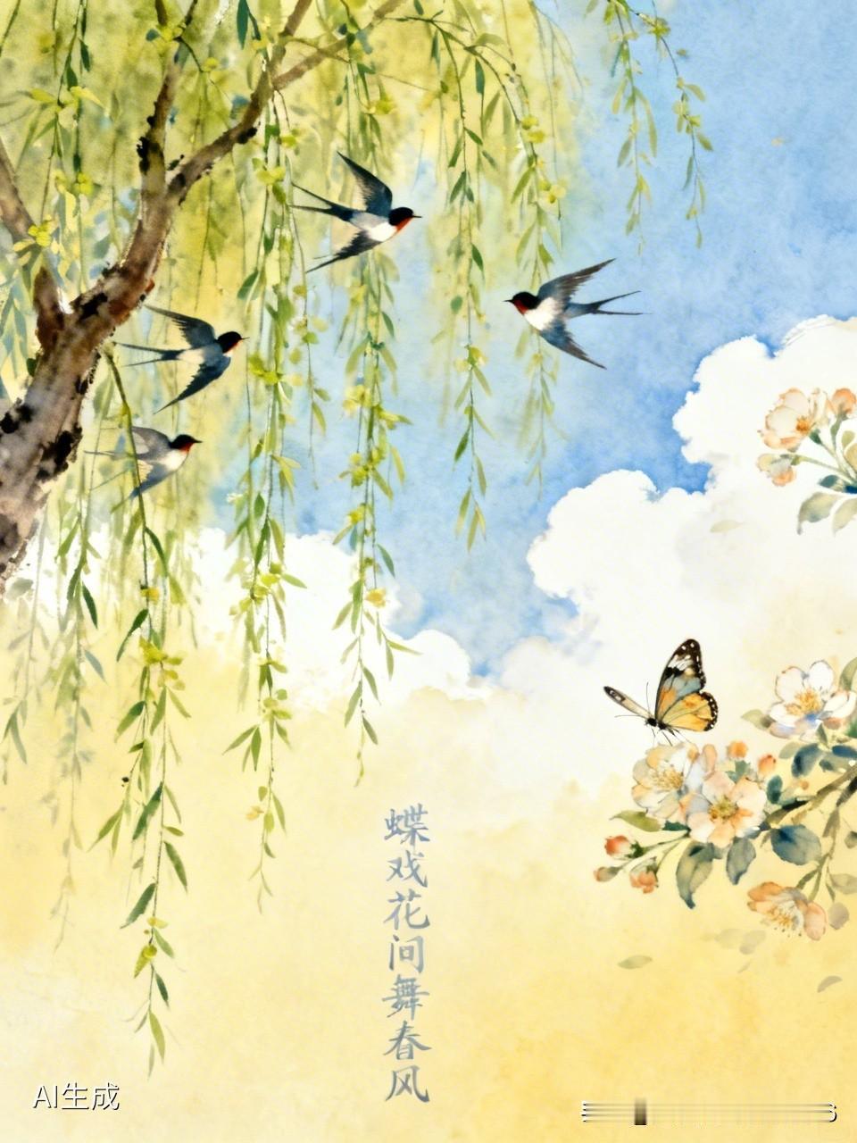 上联:燕穿柳下吟晓色
下联:蝶戏花间舞春风