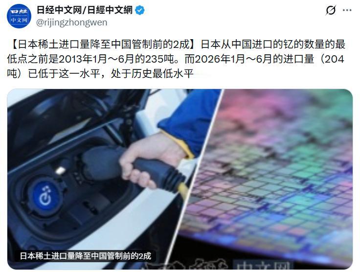 日媒： 在日本，用于纯电动汽车（EV）和半导体制造设备的稀土采购越来越难。受主要