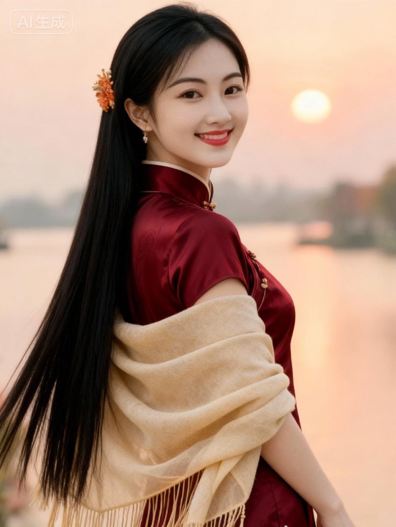夕阳下的古典美人，红衣飘逸，笑靥如花。