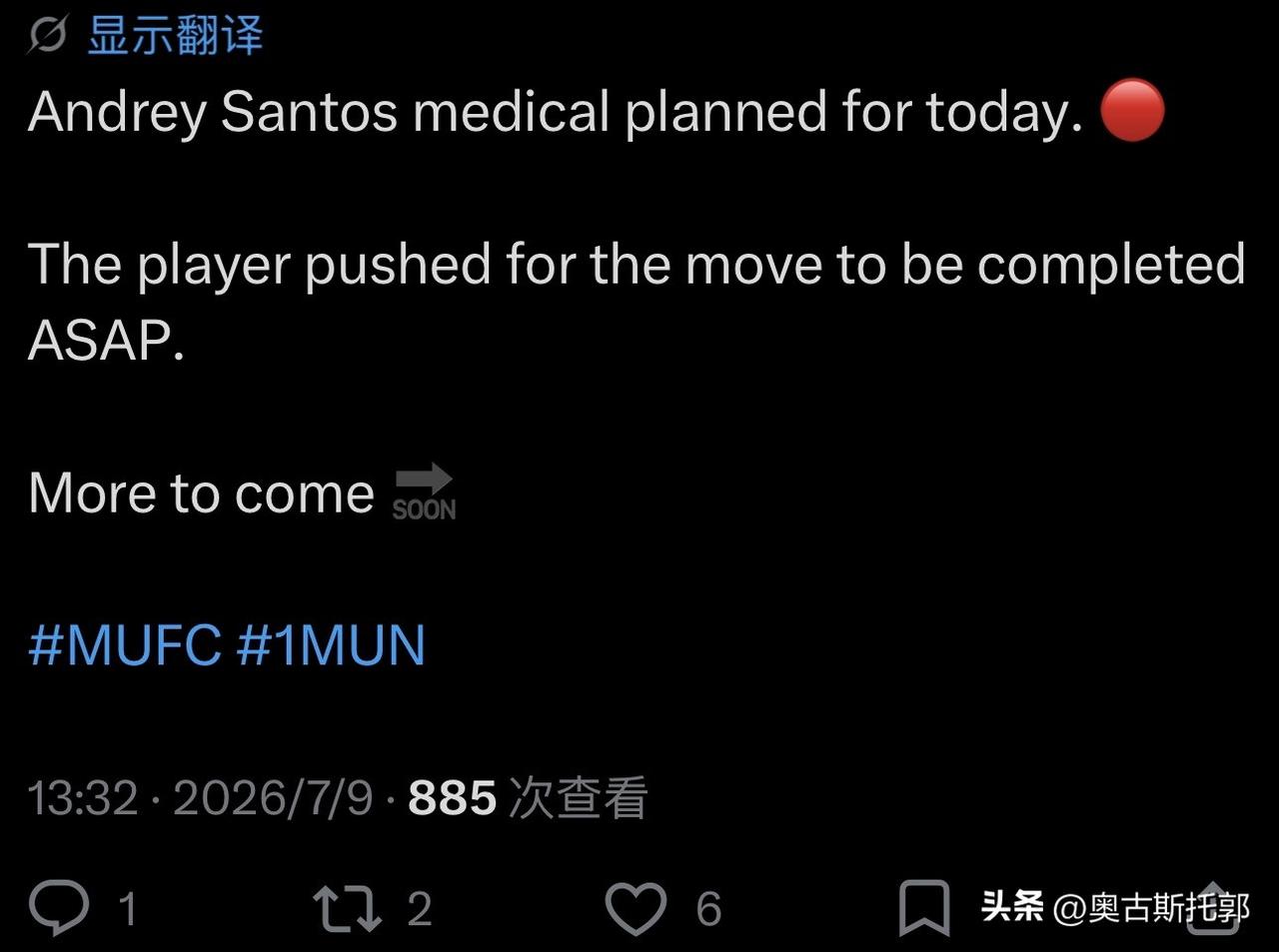 桑托斯今日计划进行体检。
我以为他会和埃德森一起进行体检，没想到那么着急。

球