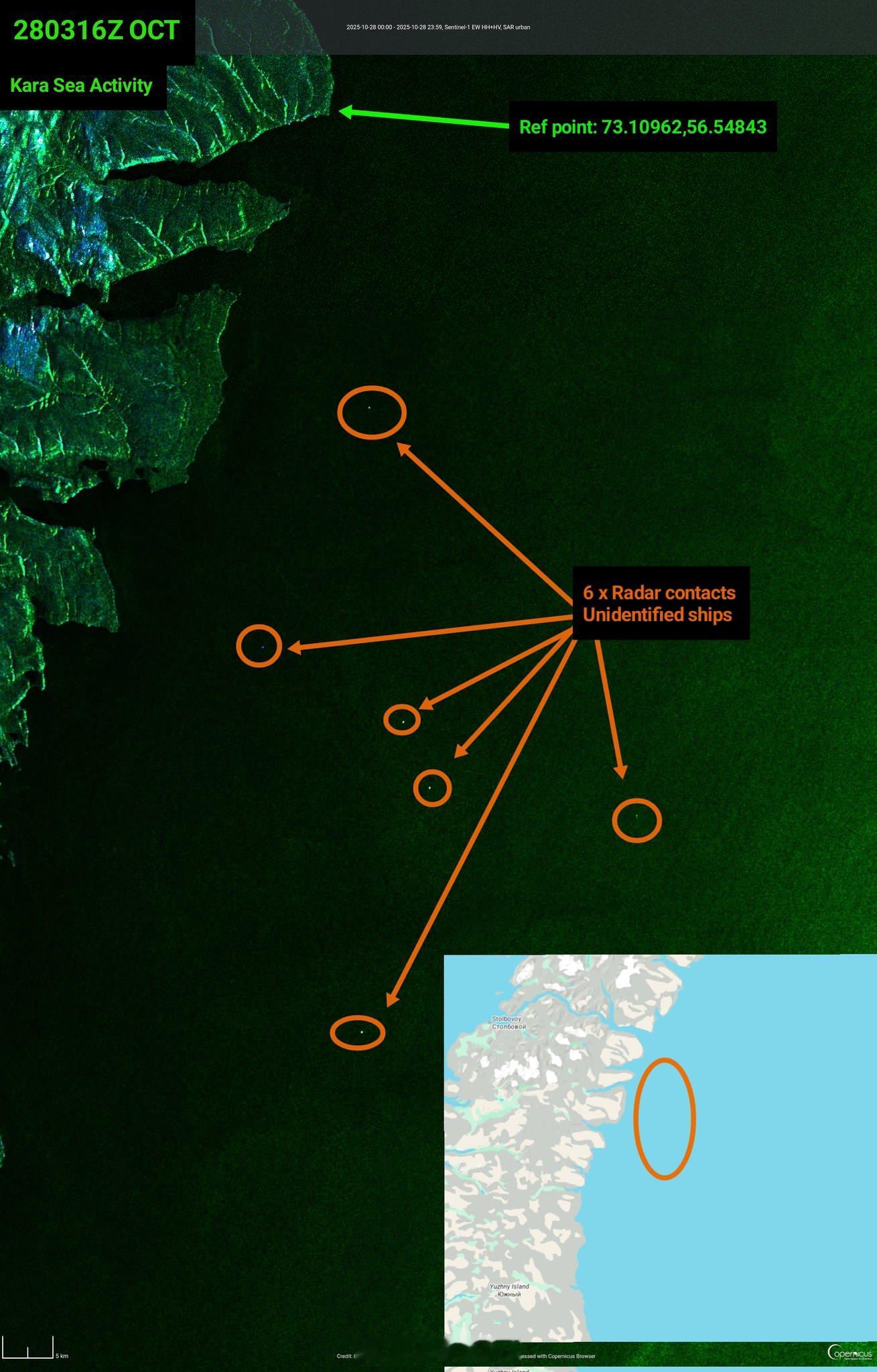 俄罗斯10月28日进行 “波塞冬” 试验时，在新地岛东海岸、卡拉海附近发现 6 
