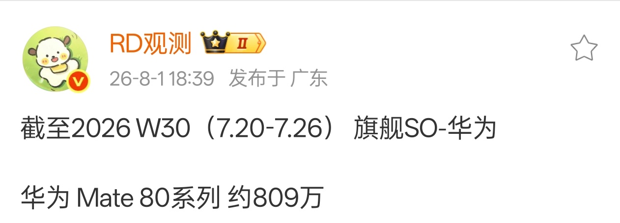 Mate 80系列，截至W30累计809w台。提醒一下，这是800w销量，不是8