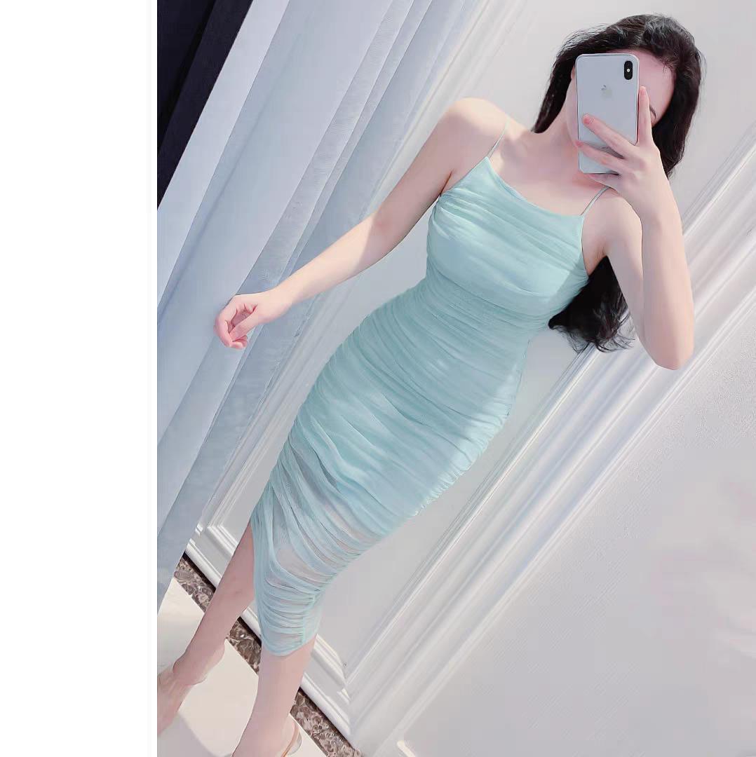 绿色气质修身网纱不规则背心连衣裙！