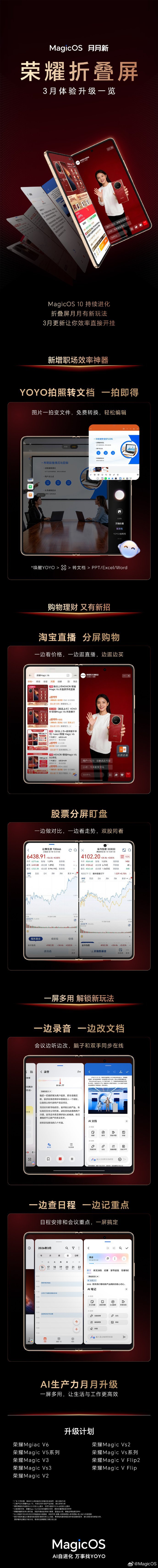 【荣耀MagicOS折叠屏 3 月更新上线：YOYO 拍照转文档，股票分屏盯盘】
