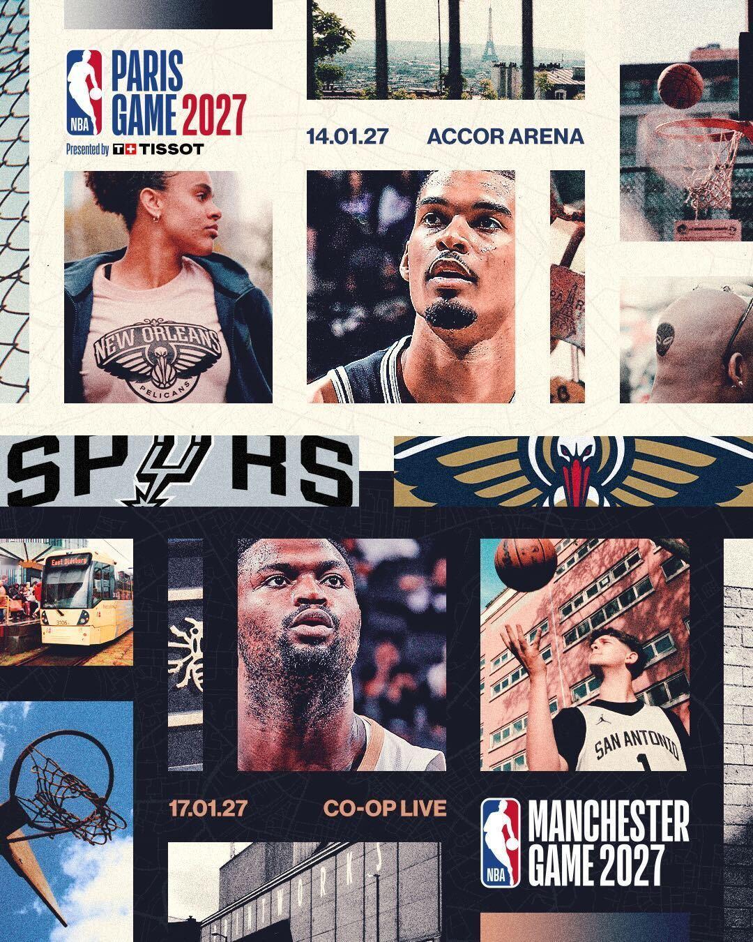 NBA官方宣布，马刺队和鹈鹕队将在2027年1月14日在法国巴黎的雅高体育馆和1