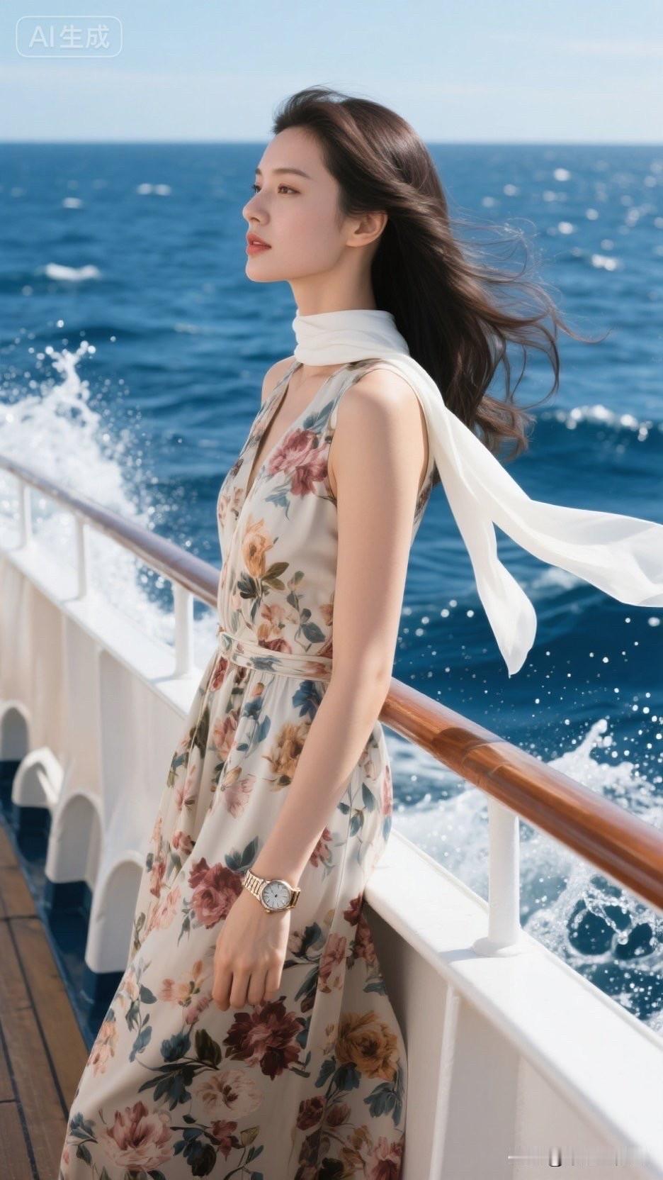 海风吹拂，她优雅地倚在船栏旁。