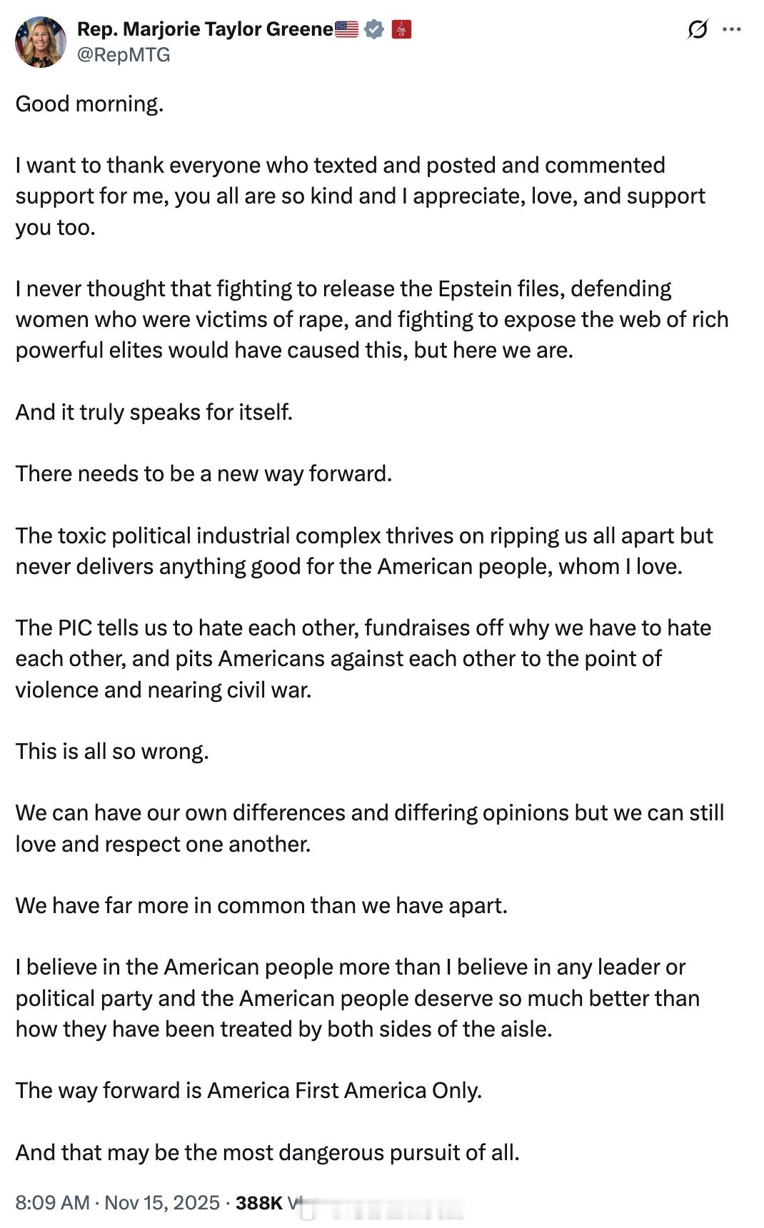 一大早，MTG vs 川普第二轮：MTG：“早上好。我想感谢所有给我发短信、发帖