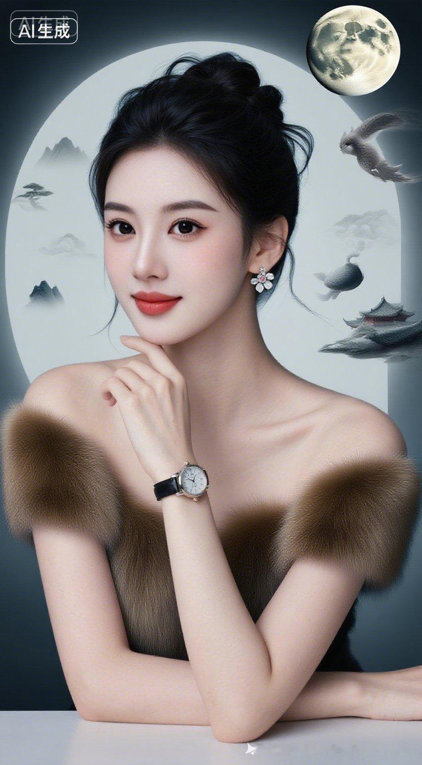 国风超现实主义，古典美人披毛裘立雪皓霜莹中，姿态变幻，五官高贵，色彩光影强对比，