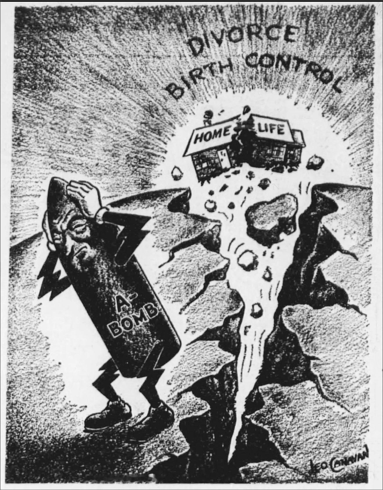 1946年，美国天主教讽刺漫画，将离婚和节育描绘成比原子弹对“家庭生活”破坏性更