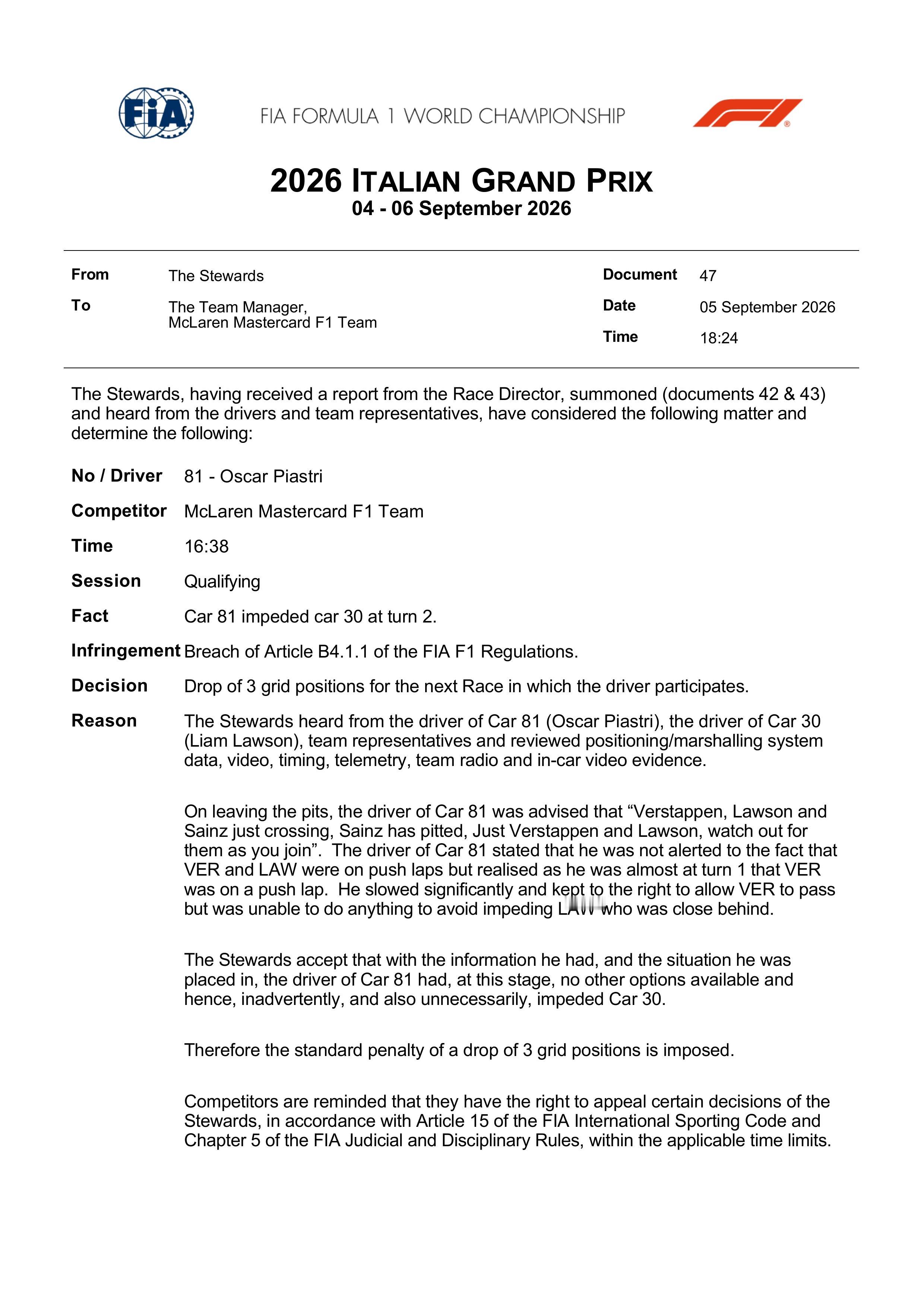 皮亚斯特里由于在排位赛中阻挡了劳森，被罚正赛退后3位发车。F12026F1意大利