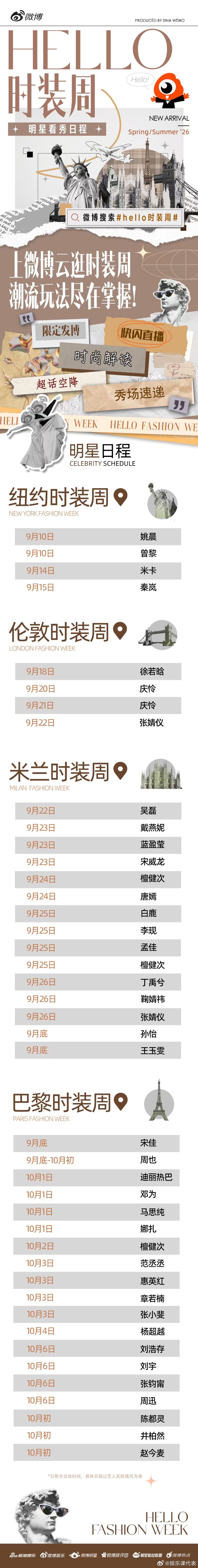 时装周明星看秀日程表hello时装周 2026春夏时装周明星看秀日程出炉！沉浸式