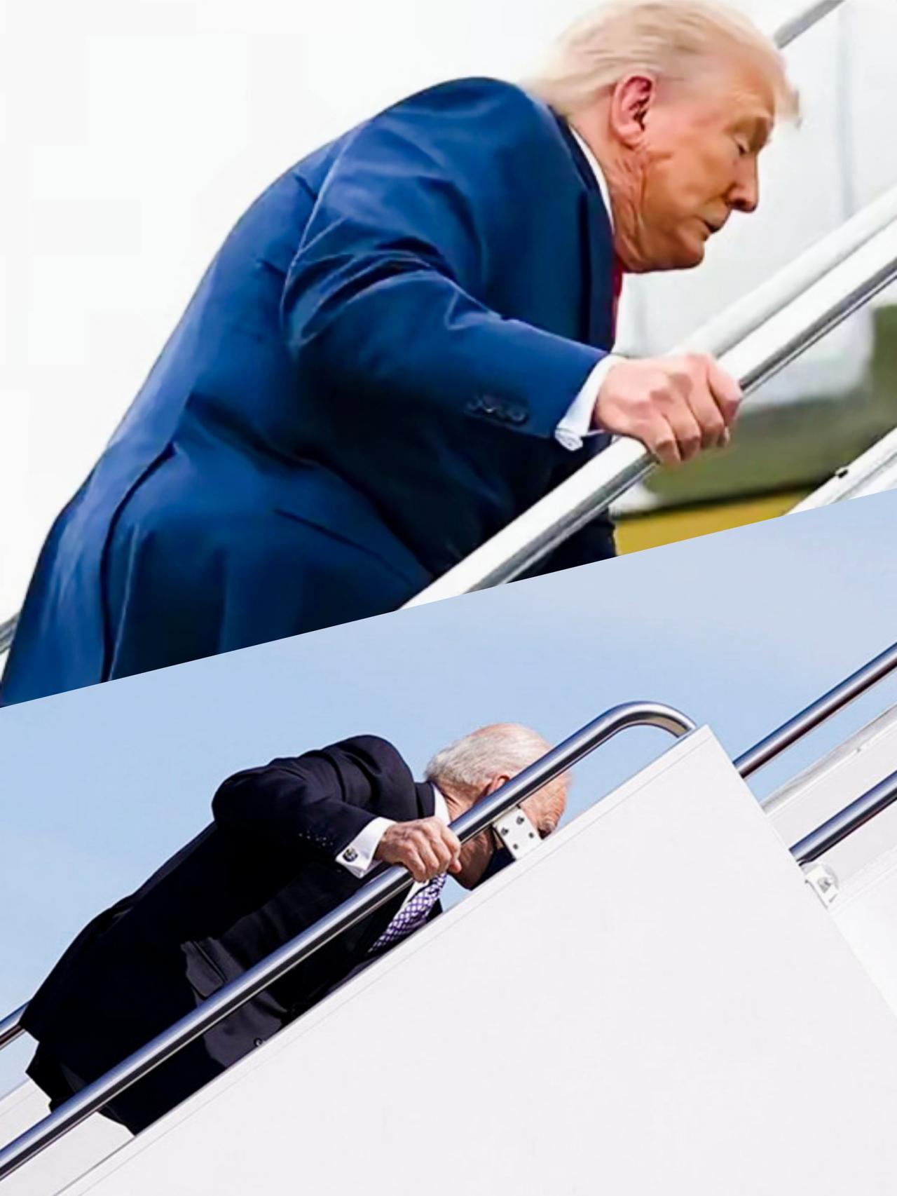 特朗普和拜登谁爬飞机台阶时更费劲呢？
特朗普和拜登俩人的姿势是不是很像啊？
特朗