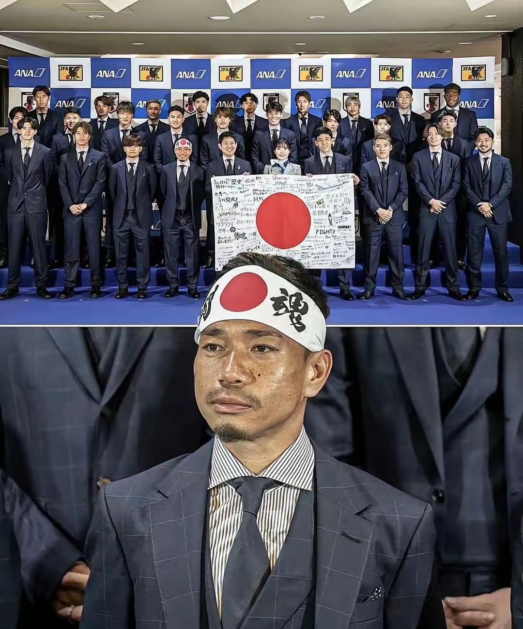 日本国家足球队启程美加墨世界杯
他们集体在日本国旗上面签字，穿西装合影，带队的还
