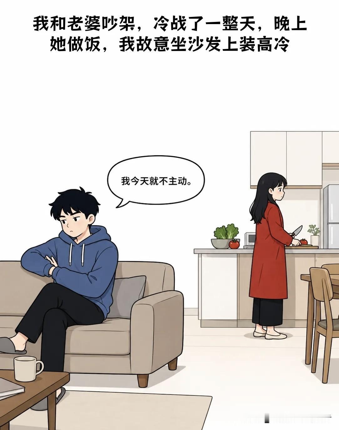 趣味漫画：我和老婆吵架，她端出两碗面，一碗放我面前，一碗自己吃，我刚想说：老婆我