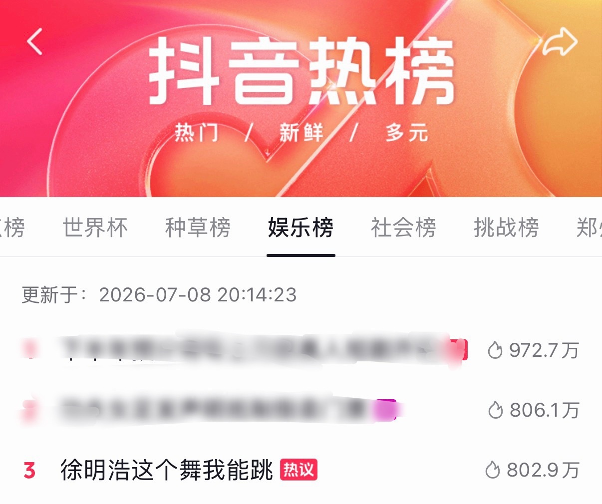 徐明浩单人girlsnboys cha 抖发出两小时：挑战榜 1⃣️娱乐榜 3⃣
