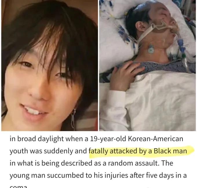在美国，一个叫韩俊熙的韩国19岁男孩被一个黑人无故打死。这对那些主张“黄黑联合抗