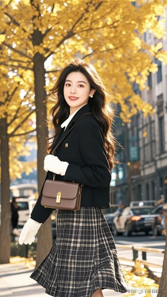 在那条被金黄色银杏叶铺满的小道上，有一位美女静静地站立着，仿佛与这秋日的画卷融为