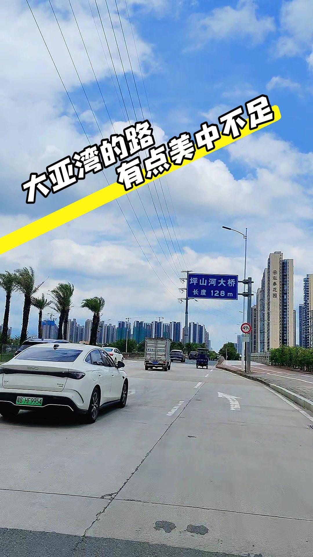 大亚湾的风景挺美美，但路上的高压线和水泥路面总让人有点遗憾。高压线一路高高的，完