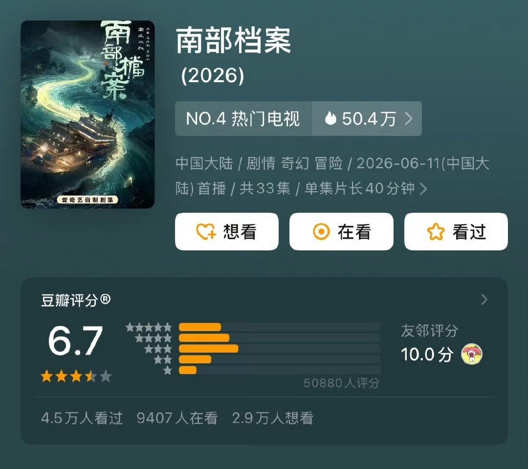 南部档案看完了，豆瓣开分6.7 ，算是相对客观，稍低一点点，我打的话7.0吧！夸