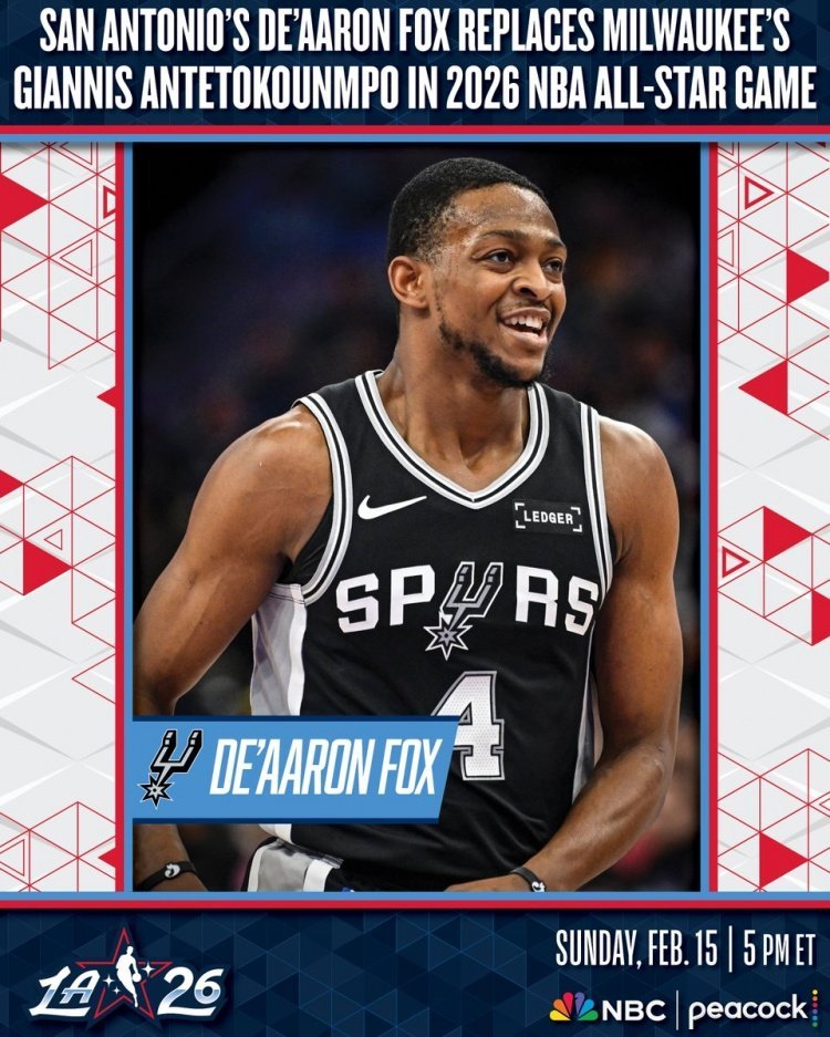 NBA官方宣布，NBA总裁萧华指定马刺后卫福克斯递补雄鹿球星字母哥，出战2026