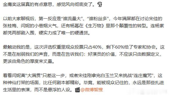 好演员的价值不该只由数据定义金鹰奖投票权重观众仅占四成，六成归于专业评审，好演员