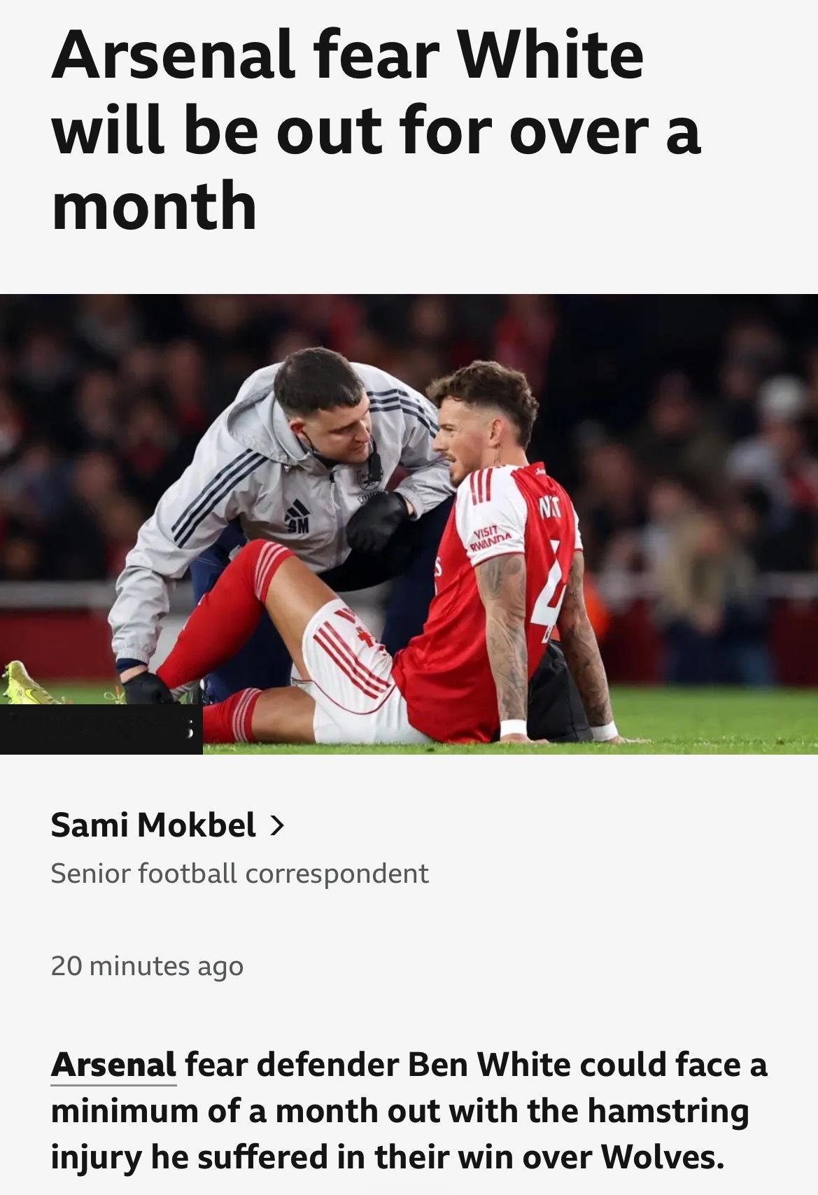 BBC Sport Sami Mokbel：阿森纳担忧后卫本·怀特因其在对阵狼队