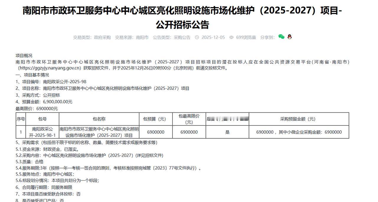 南阳市市政环卫服务中心中心城区亮化照明设施市场化维护（2025-2027）项目-