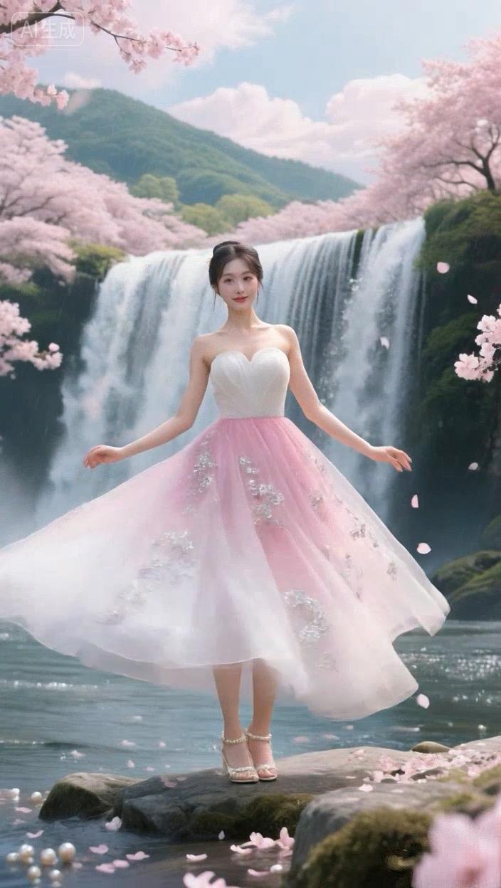 七绝●波澜壮阔/古韵  

瀑布飞飘好壮观。
樱花静落起波澜。
温馨烂漫呈诗意，