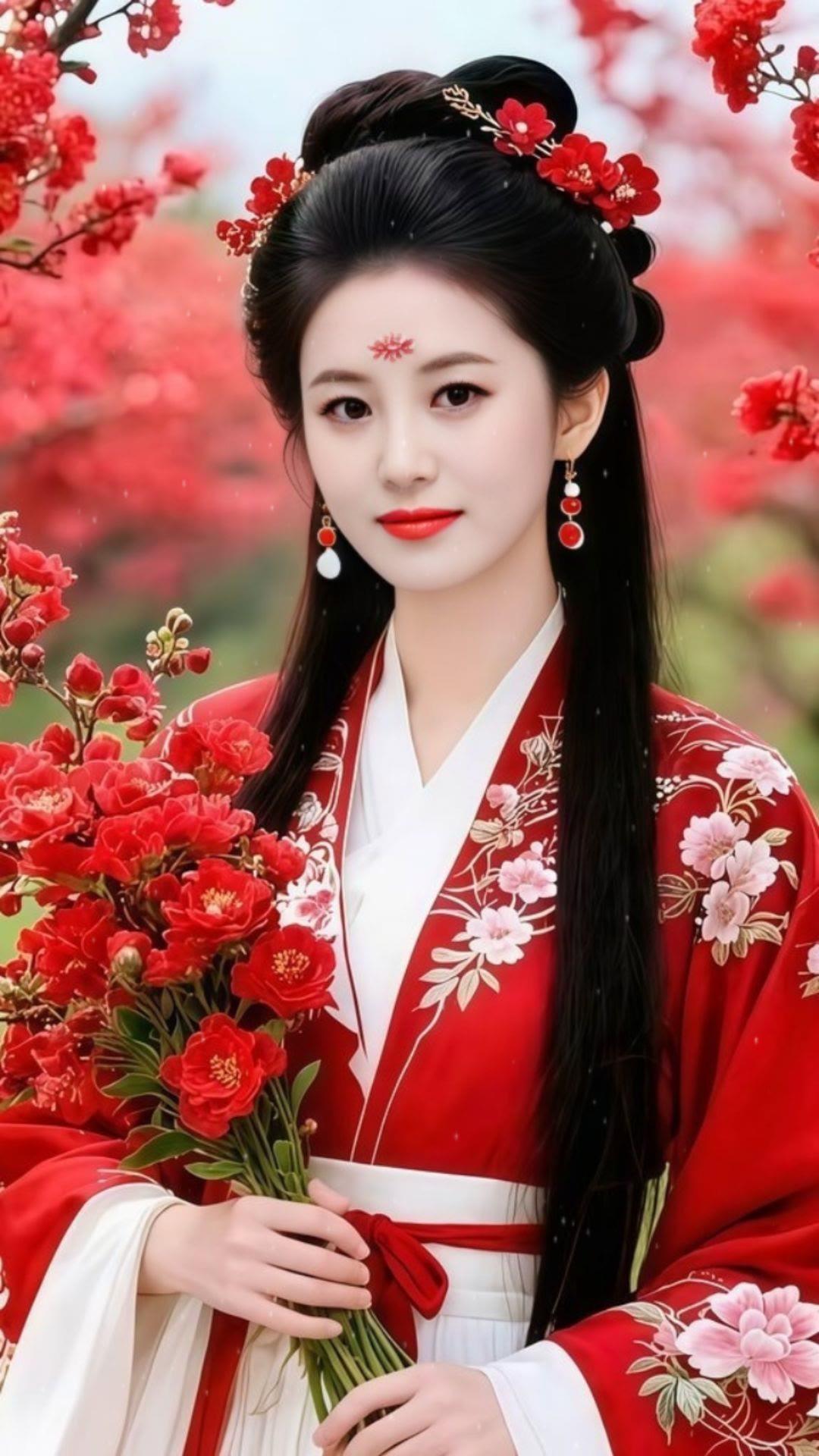 红衣美人，花海中的古典之美