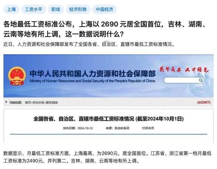 2019年上海最低工资是2480，2024年上海最低工资上涨到2690；
201