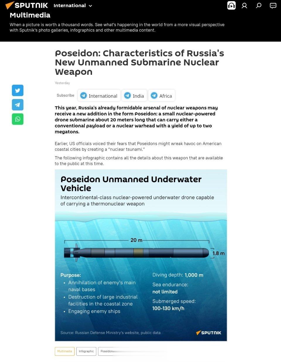 俄罗斯新型无人潜艇核武器的特点今年，俄罗斯已经强大的核武库可能会以波塞冬(Pos