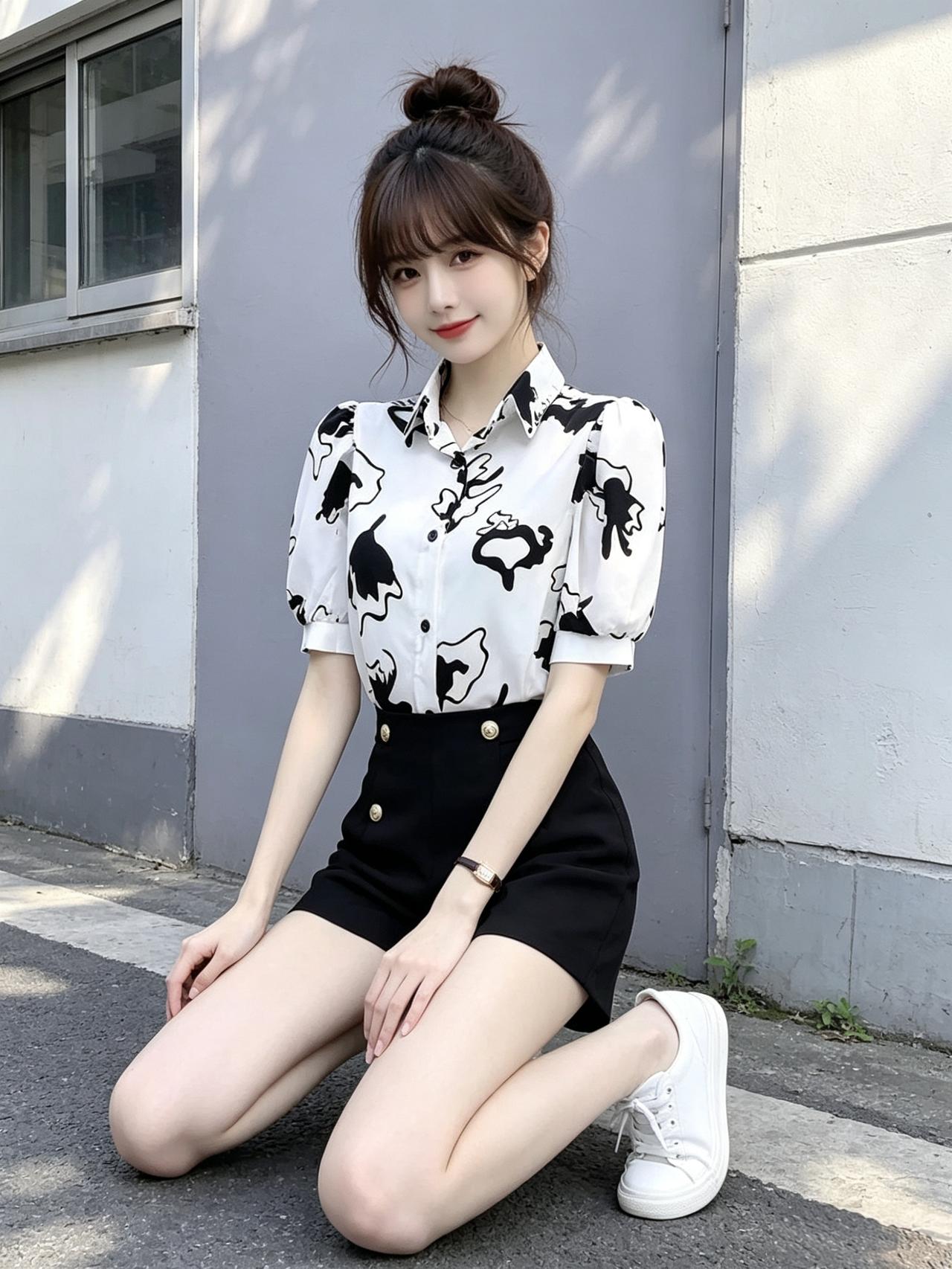 元气少女穿搭指南💕黑白撞色衬衫+黑色短裤，清新又时尚！什么样的穿搭可以成为气质