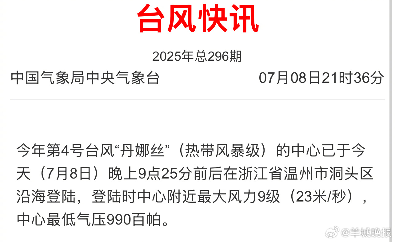 #台风“丹娜丝”登陆浙江温州洞头区沿海# 根据中央气象台观测，今年第4号台风“丹