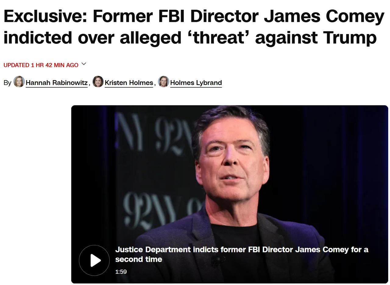 美国前FBI局长因涉嫌发布对特朗普威胁的照片被起诉，被发布逮捕令
当地时间周二，