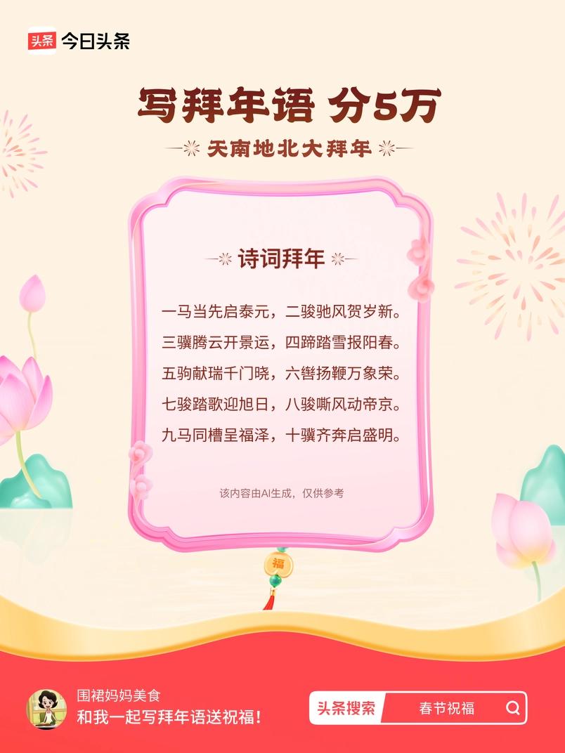 写拜年语送祝福新春拜年送祝福！我的祝福是：“一马当先启泰元，二骏驰风贺岁新。三骥